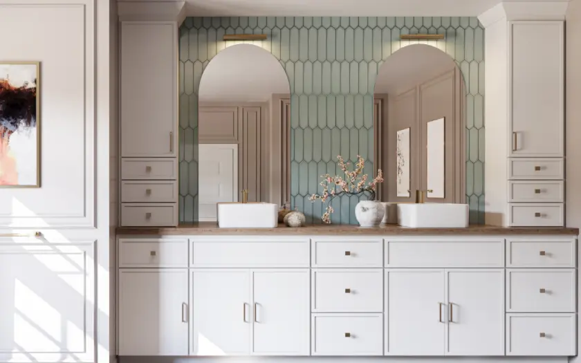 Bathroom concept with a double vanity, arched mirrors, and soft green tile.