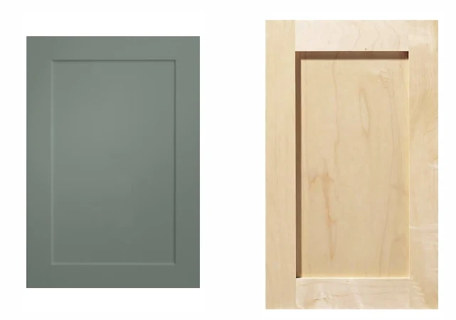 Two wood cabinet door samples showing different grain and profile details.