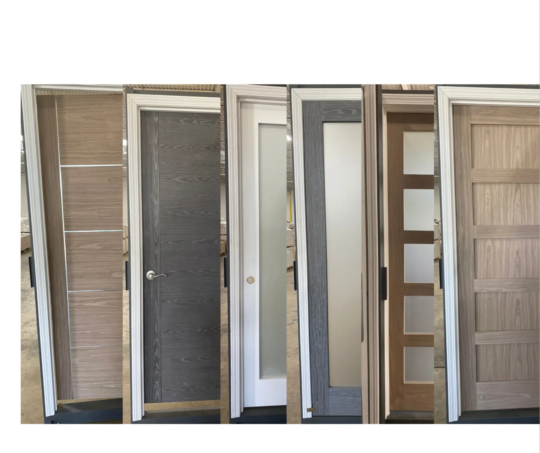 Selection of modern interior doors in natural wood, dark wood, and frosted glass styles.