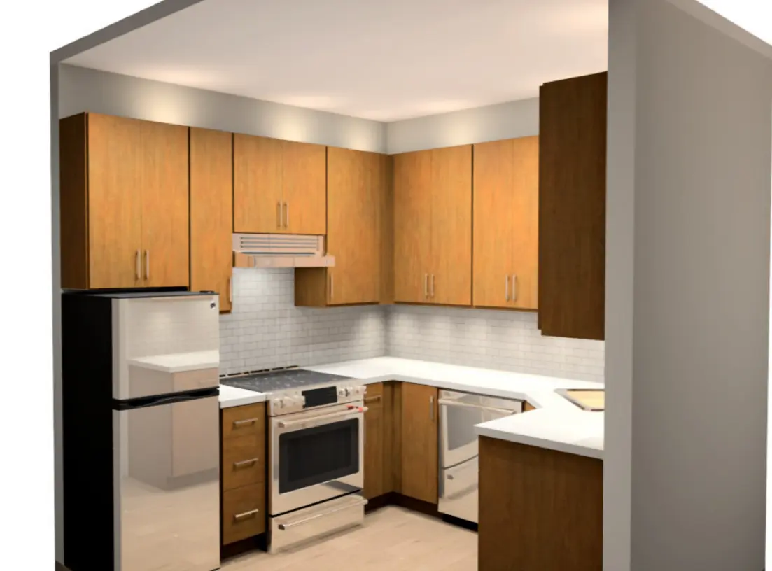 Compact kitchen concept with warm wood cabinetry and white counters.