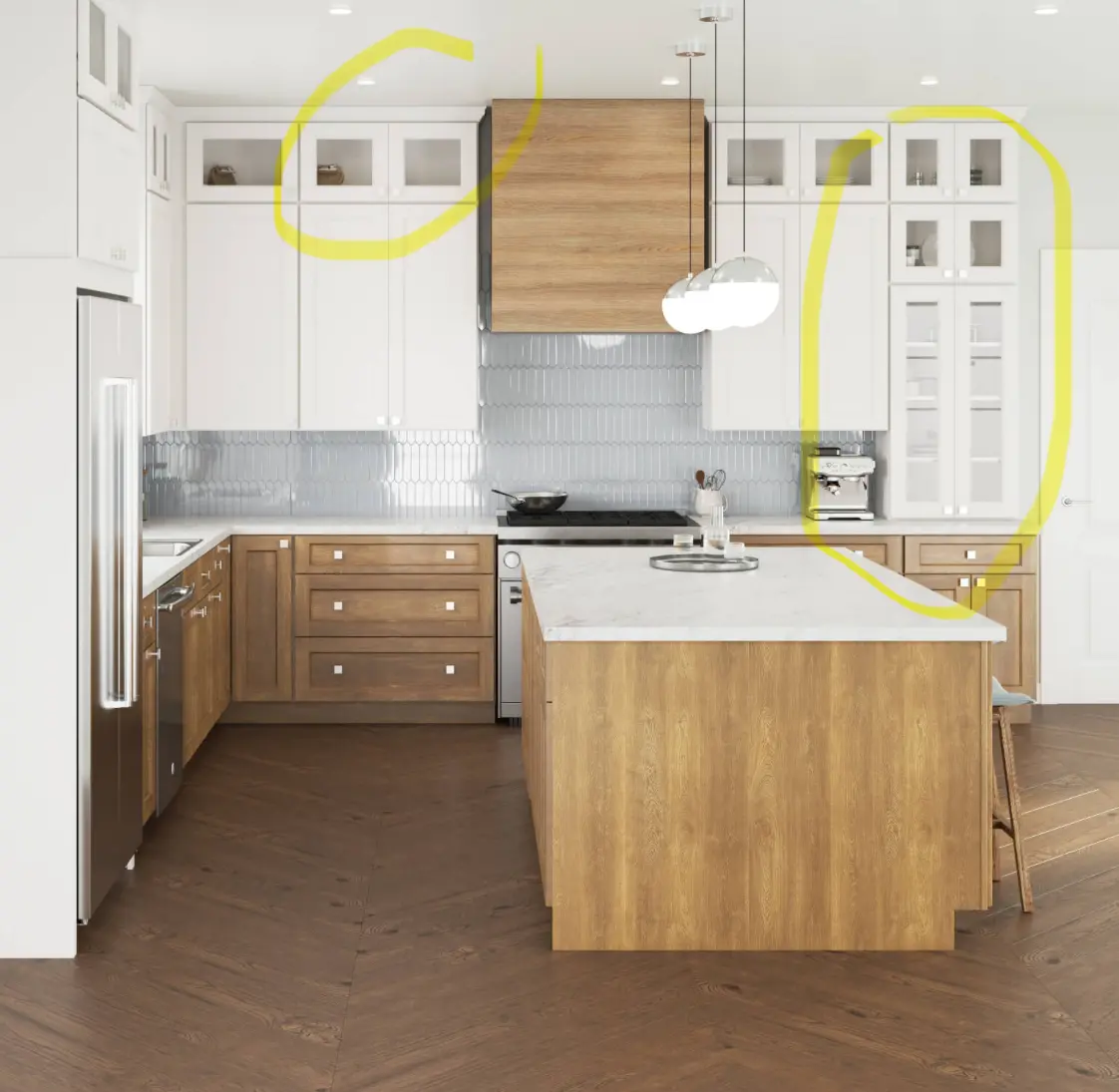 Kitchen cabinetry planning image with marked upper cabinet and appliance areas.