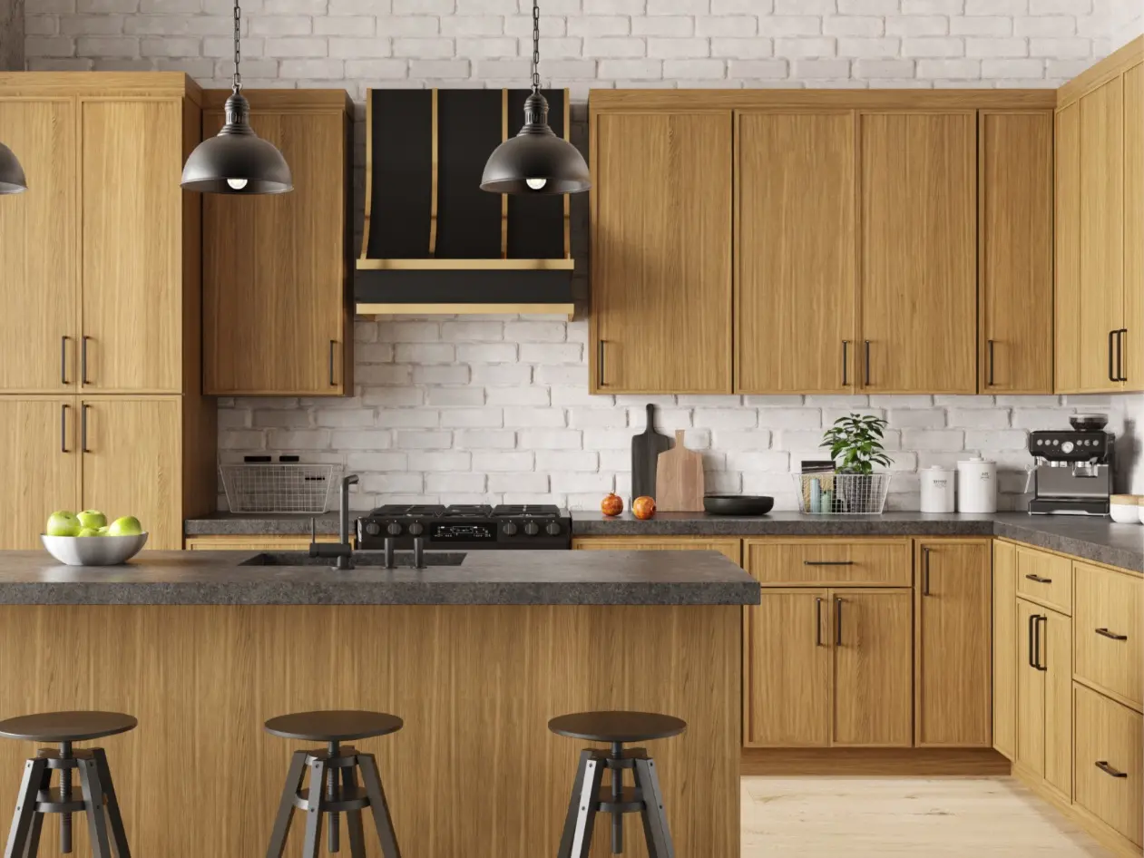 Warm wood kitchen concept with a large island, black pendants, and coordinated cabinetry.