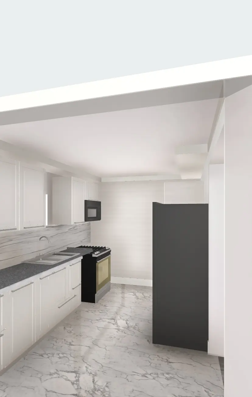 White kitchen layout concept with marble look surfaces and a contrasting dark cabinet.