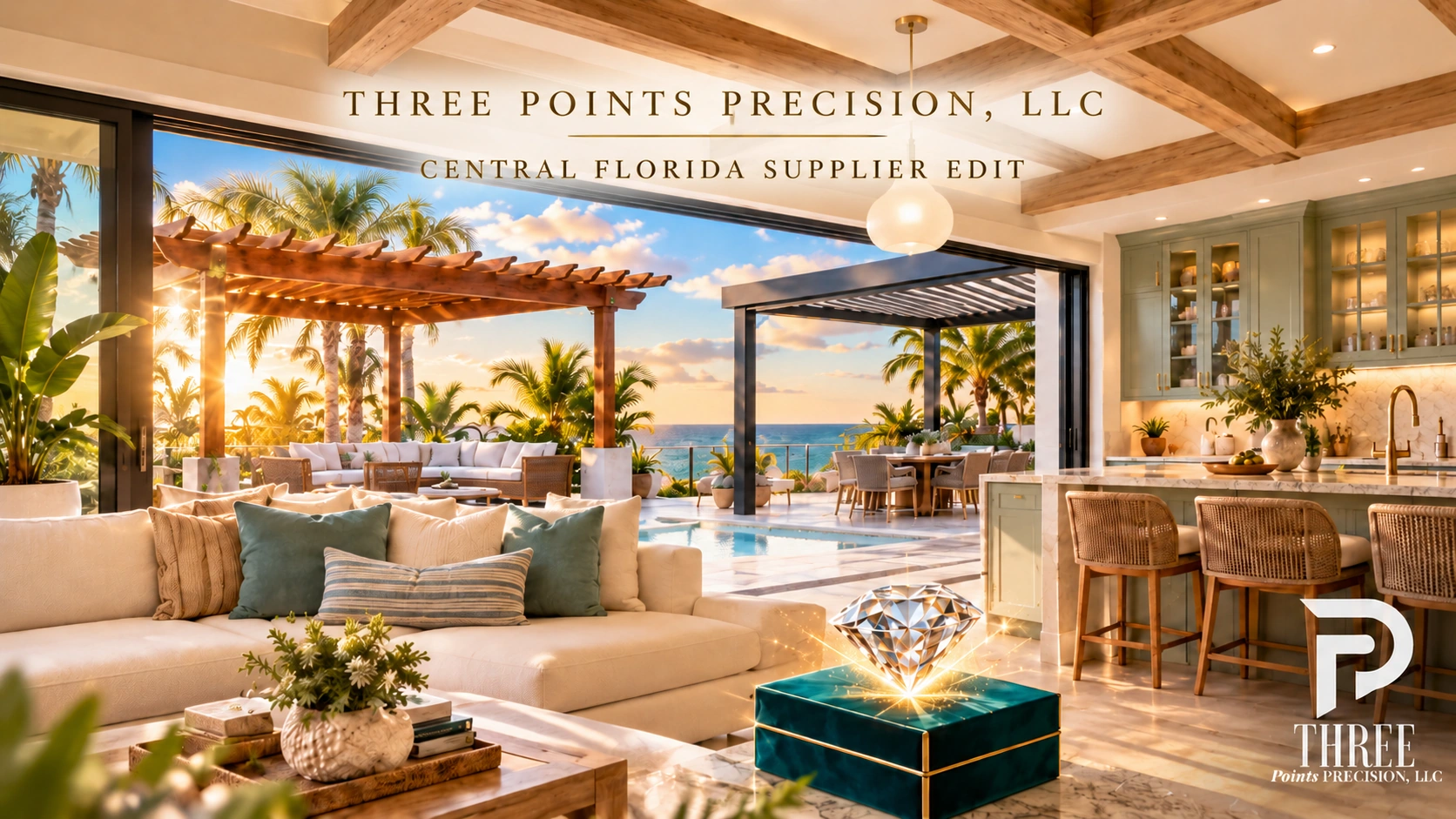 Central Florida Supplier Edit showing a coastal kitchen opening onto a patio with wood and aluminum pergolas